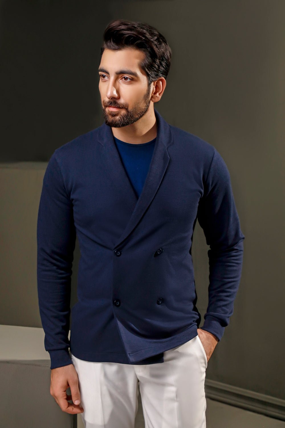 Navy Blue Double Breasted Cardigan - Image 5